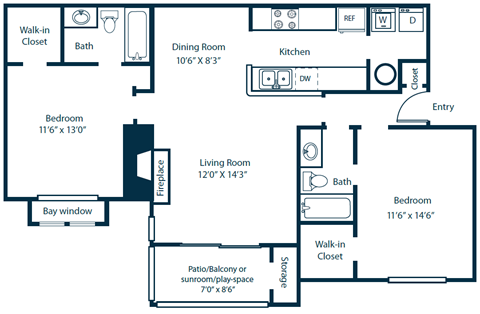 Floor plan for 2 beds, 2 baths, 1180 sqft
